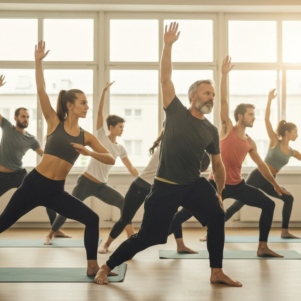 Group fitness class doing yoga poses together - healthy active lifestyle